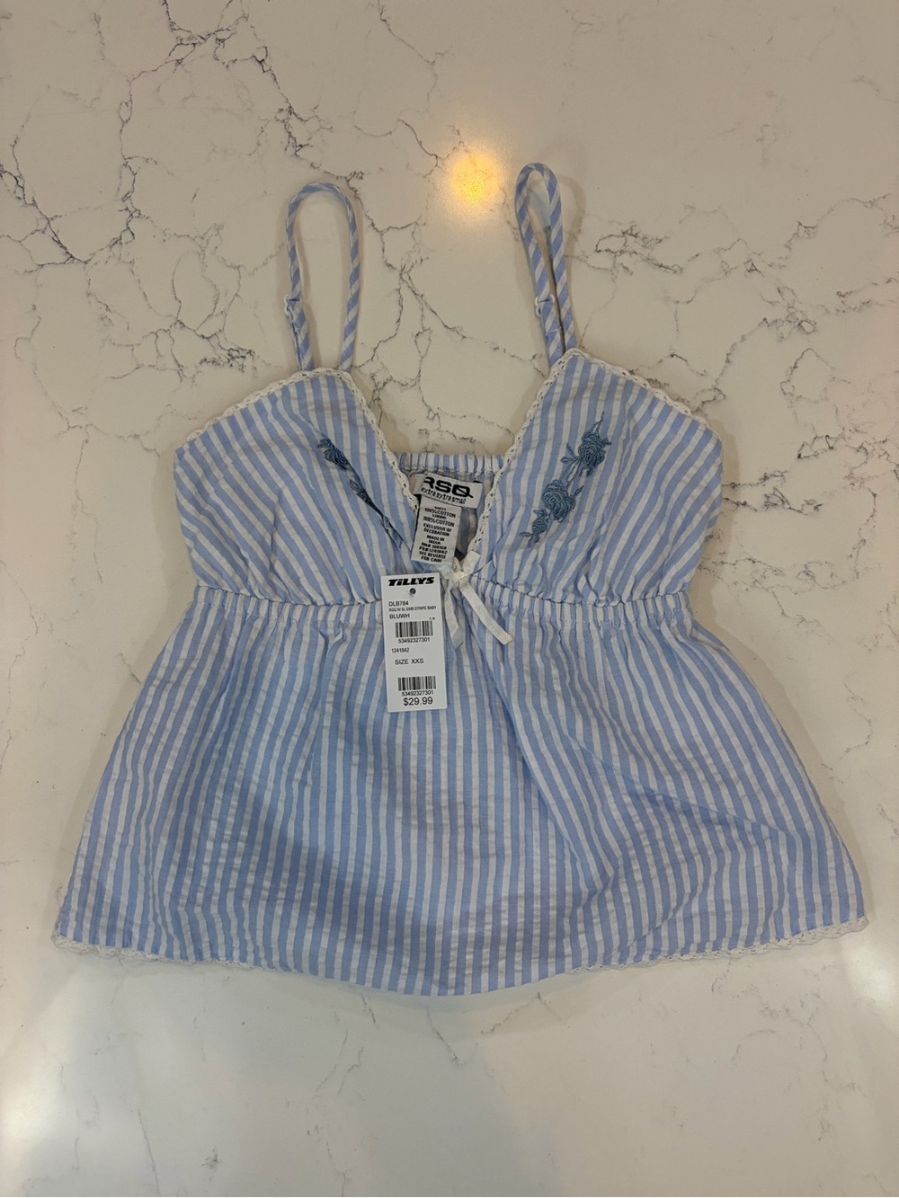 Tilly's Blue & White Striped Embroidered Spaghetti Strap Tank